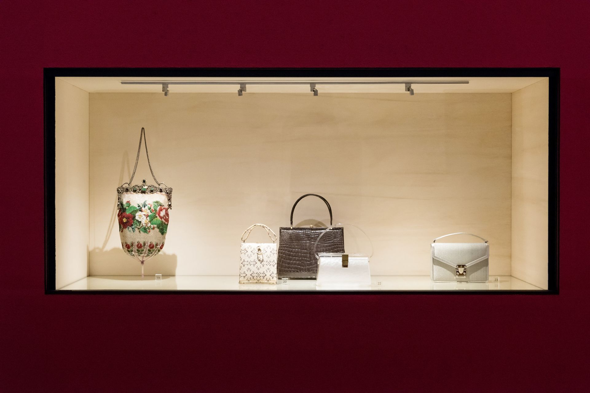 Exhibition view, handbags