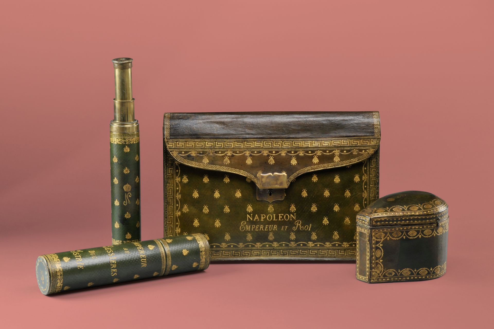 Briefcase and telescope with case for Napoleon I, France, approx. 1810 and Empress Joséphine’s jewelry case, France, approx. 1805