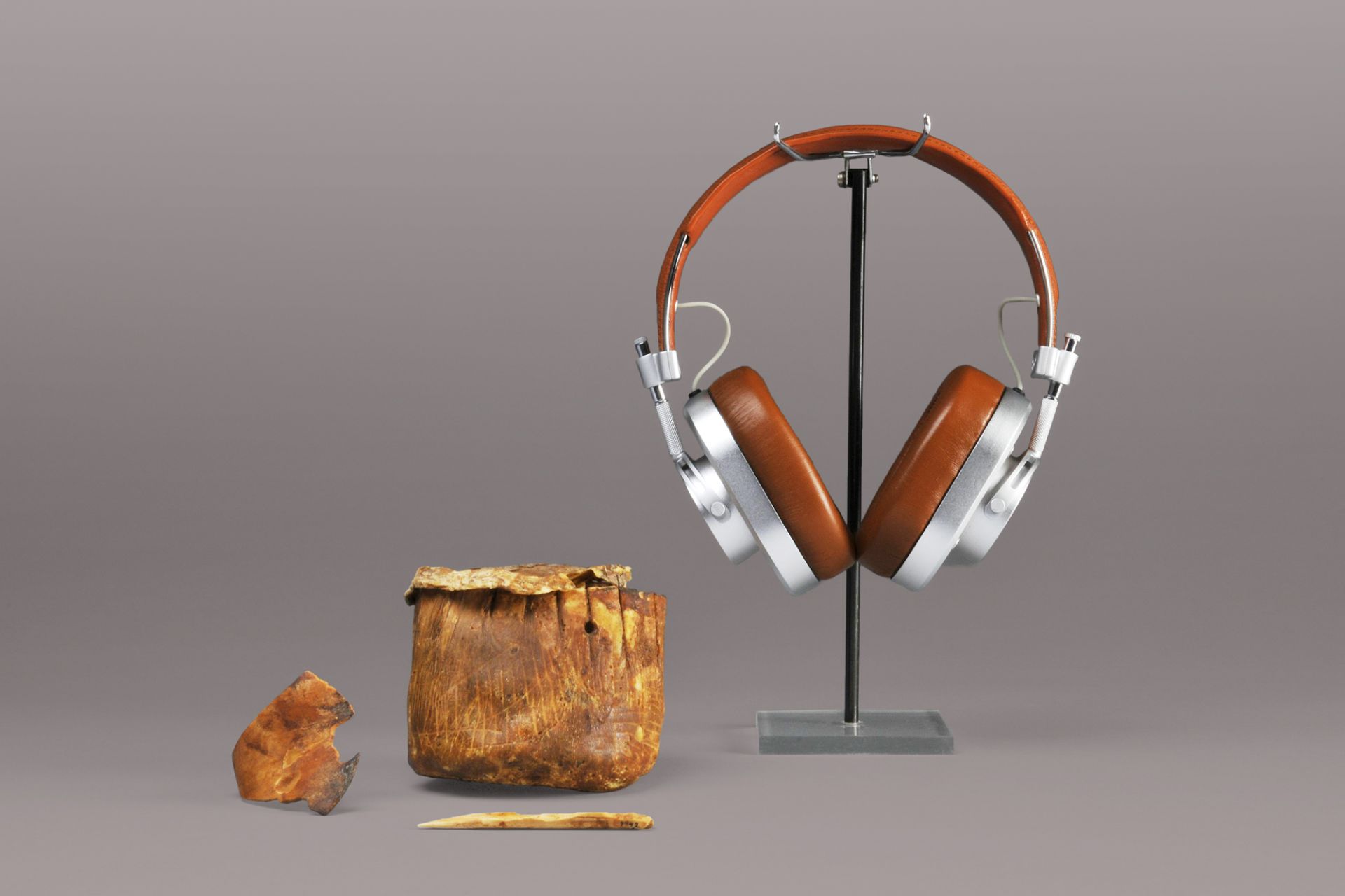 Rawhide vessel, Egypt, 4th millennium BCE and headphones, Master & Dynamic, New York, 2014
