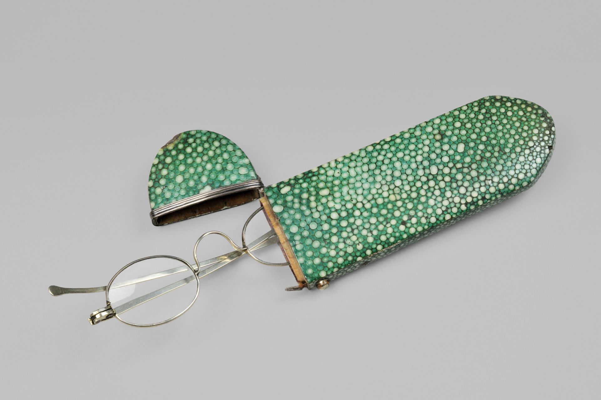Stingray leather glasses case with glasses, England, ca. 1840